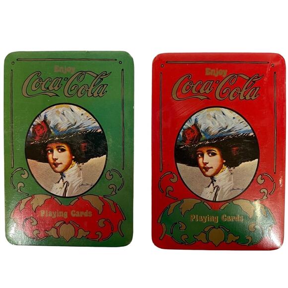 Coca-Cola Gibson Girls 2 Decks Playing Cards New In Tin Red Green Christmas Card - Picture 2 of 15